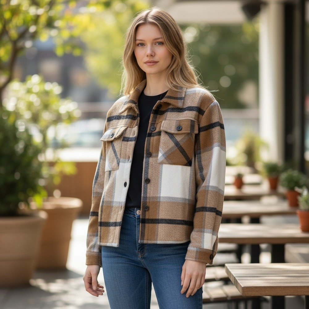Zeagoo Plaid Cropped Flannel Shacket Tan Cream Cozy Shirt Jacket Womens Large